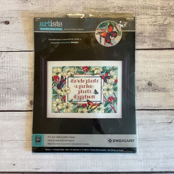 Zweigart Artiste He Who Plants A Garden Counted Cross Stitch Kit Floral - Picture 1 of 5